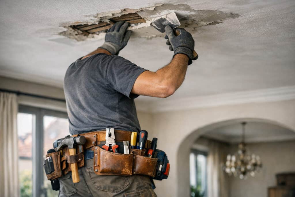 Vakman die plafond reparatie uitvoert aan een woning