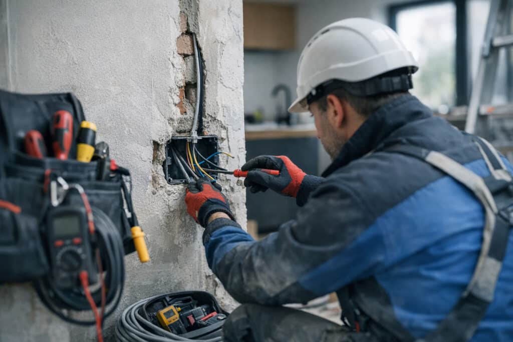 Ervaren vakman gespecialiseerd in plafondventilatoren aan het werk