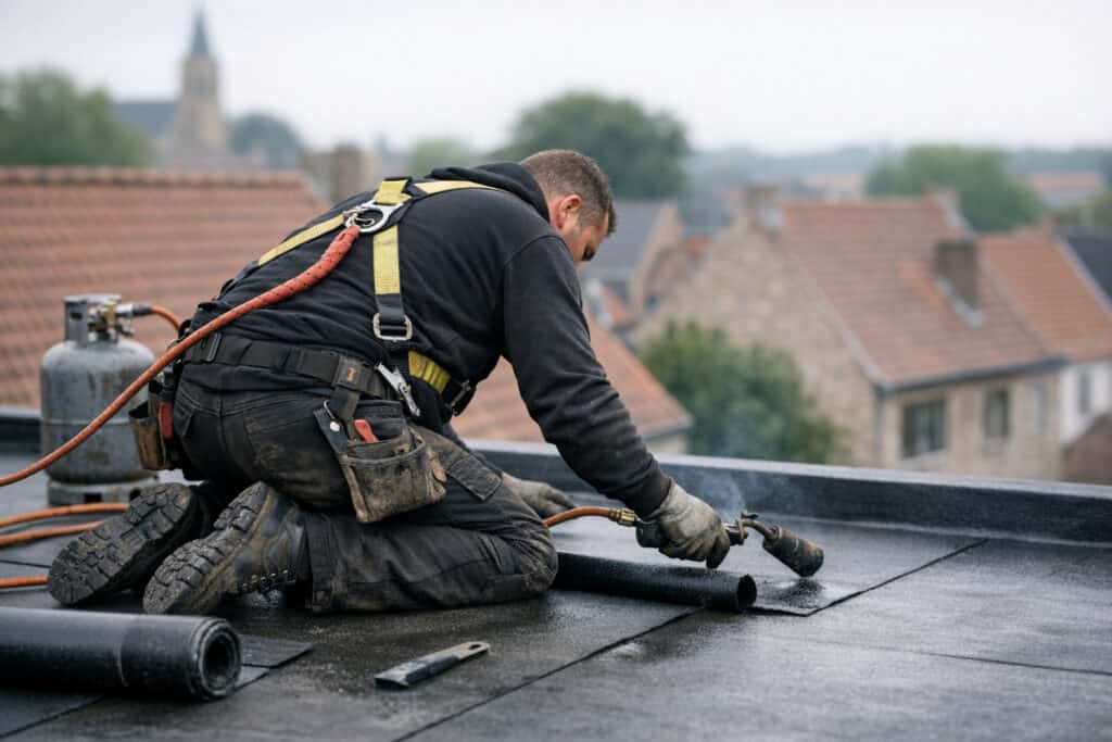Ervaren vakman gespecialiseerd in plat dak aan het werk