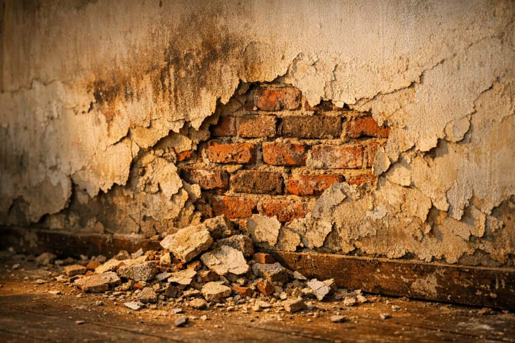 Afbrokkelend pleisterwerk met zichtbare vochtschade op een binnenmuur