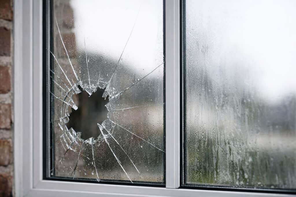 Ingeslagen raam met radiaal breukpatroon en glasscherven