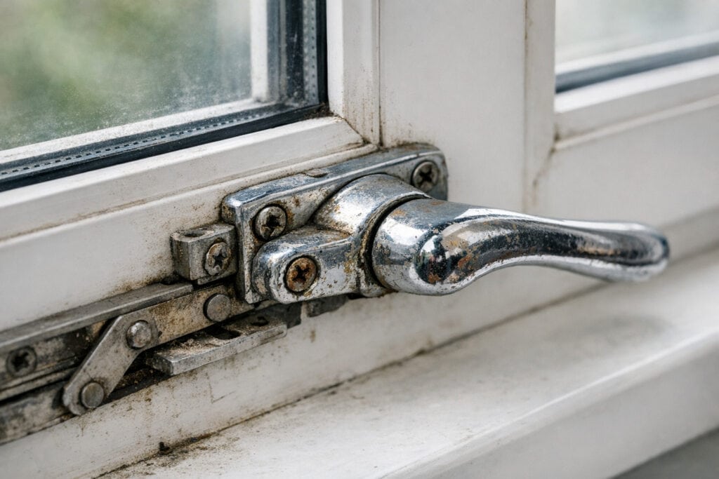 Kapot en versleten raambeslag dat vervangen moet worden
