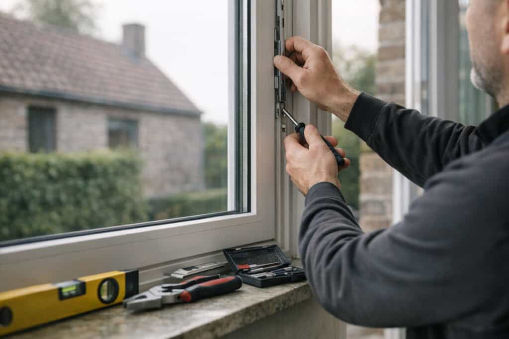 Ervaren vakman gespecialiseerd in raamfolie woning aan het werk