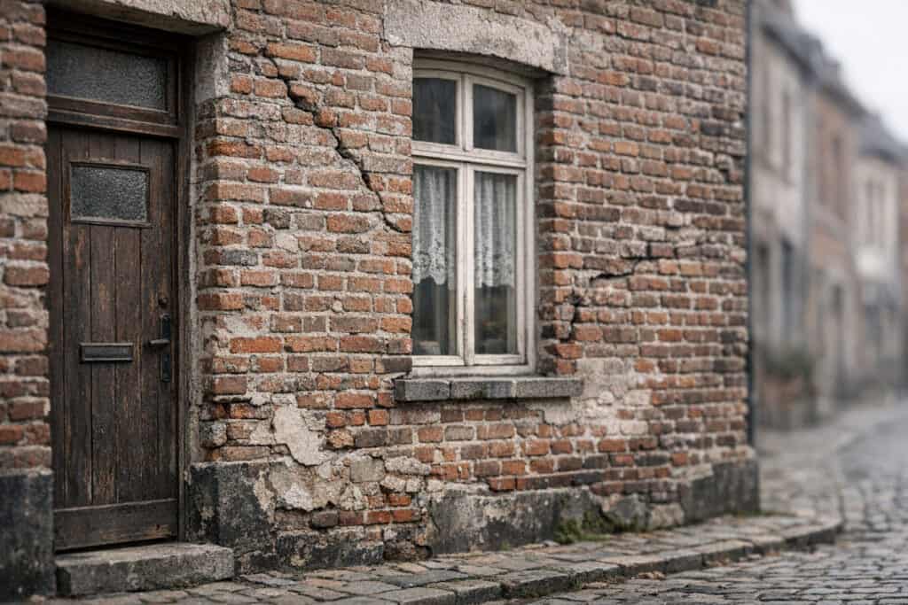 Natte gevel met zichtbare waterstrepen na regenval
