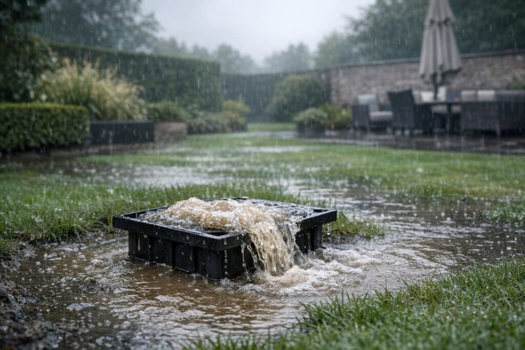 Overlopend riool in tuin na hevige regenval met modderig water