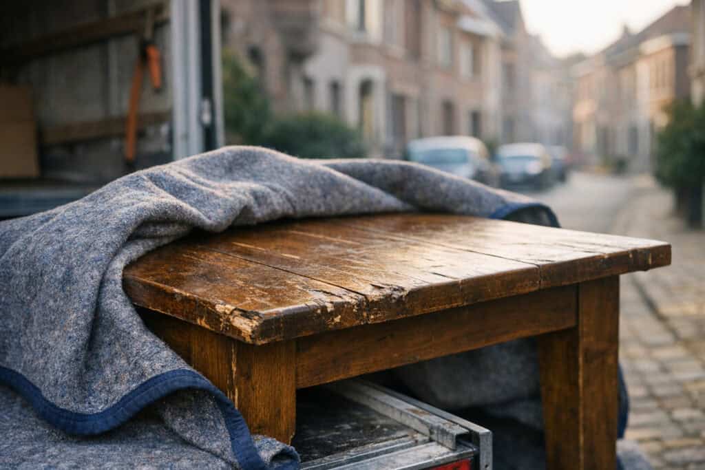 Bekraste houten tafel die net uit een verhuiswagen is geladen