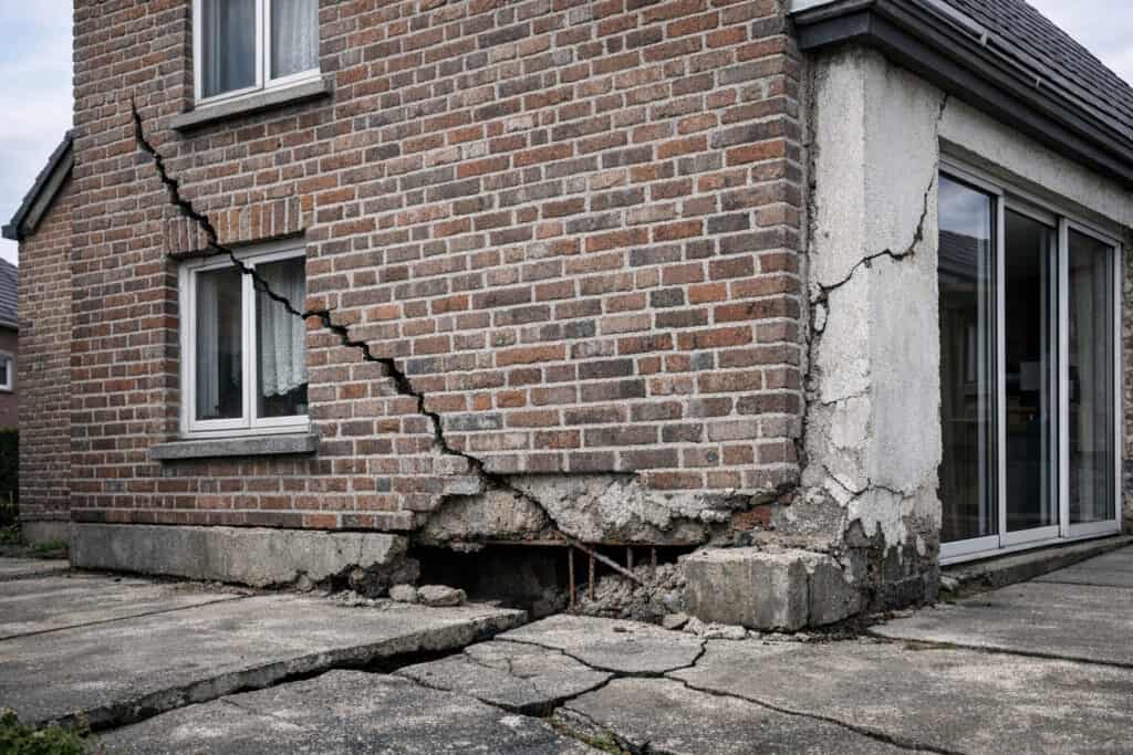 Scheuren in een gevelmuur ontstaan na grondwerken op het naburige perceel