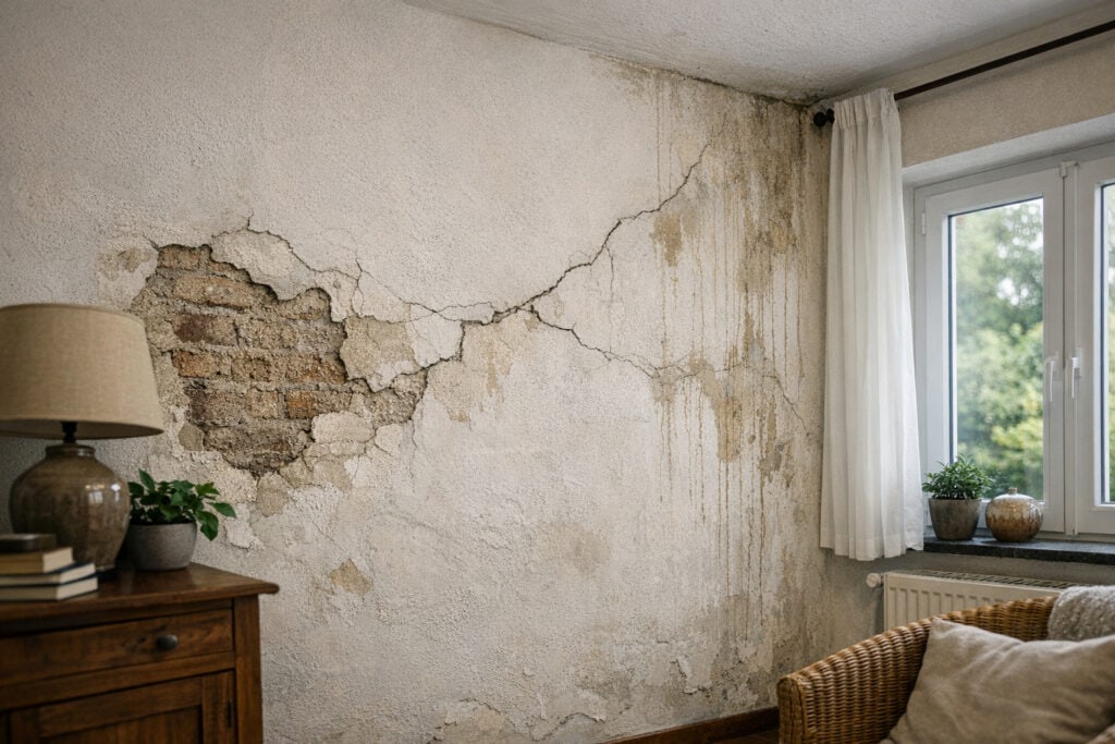 Diagonale scheur in het pleisterwerk van een binnenmuur
