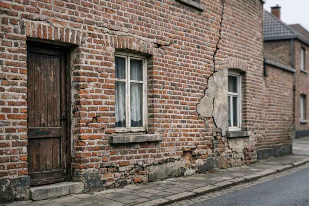 Duidelijke verticale scheur in een bakstenen gevel van een woning