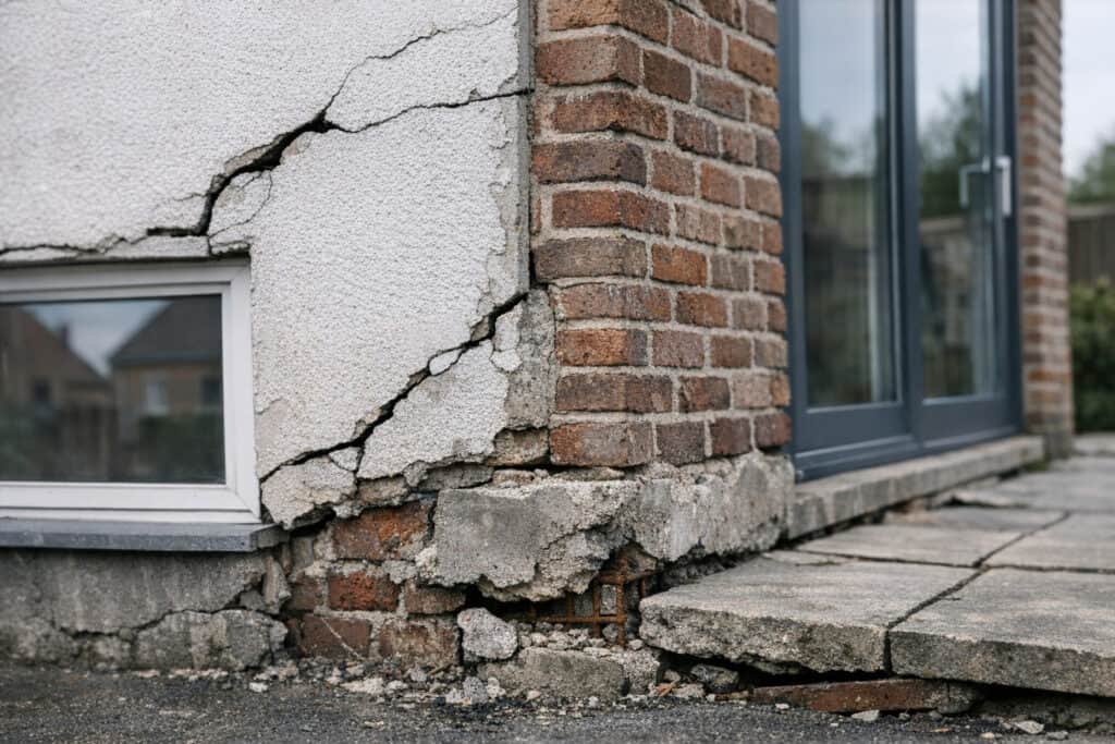 Brede diagonale scheur in een dragende bakstenen muur
