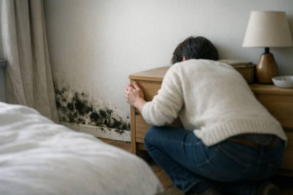 Verborgen schimmel achter meubel in slaapkamer die muffe geur veroorzaakt