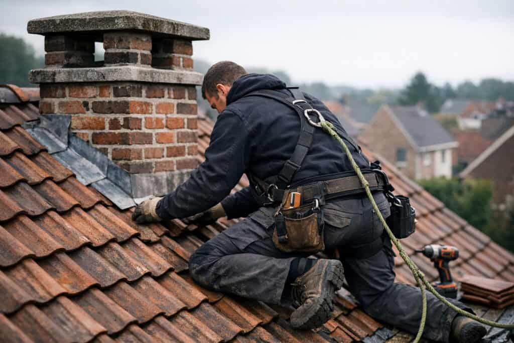 Keurder die een schoorsteen inspectie uitvoert met professioneel meetmateriaal