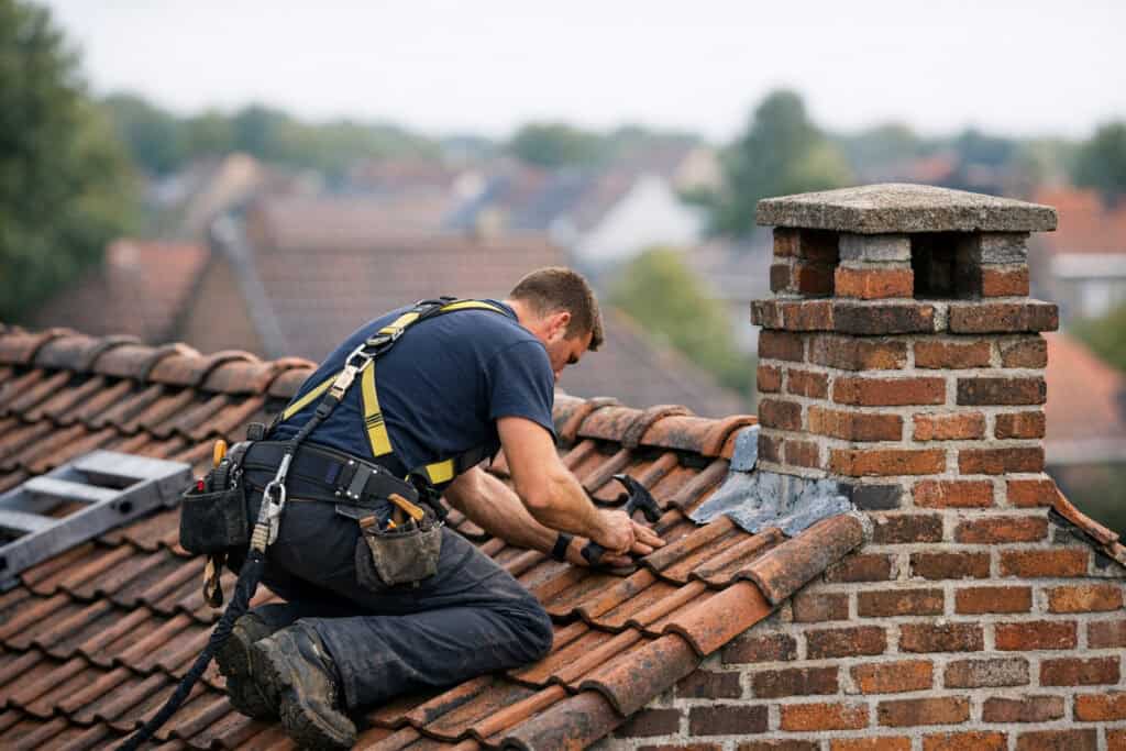 Ervaren vakman gespecialiseerd in schoorsteen reinigen aan het werk