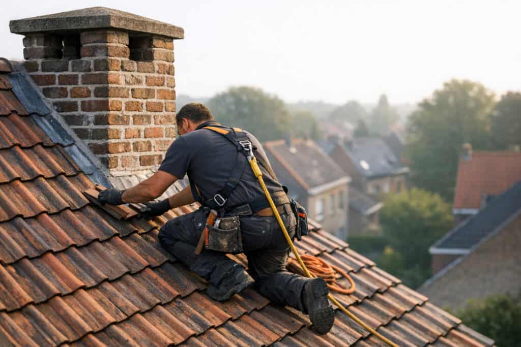 Vakman die schoorsteen reparatie uitvoert aan een woning
