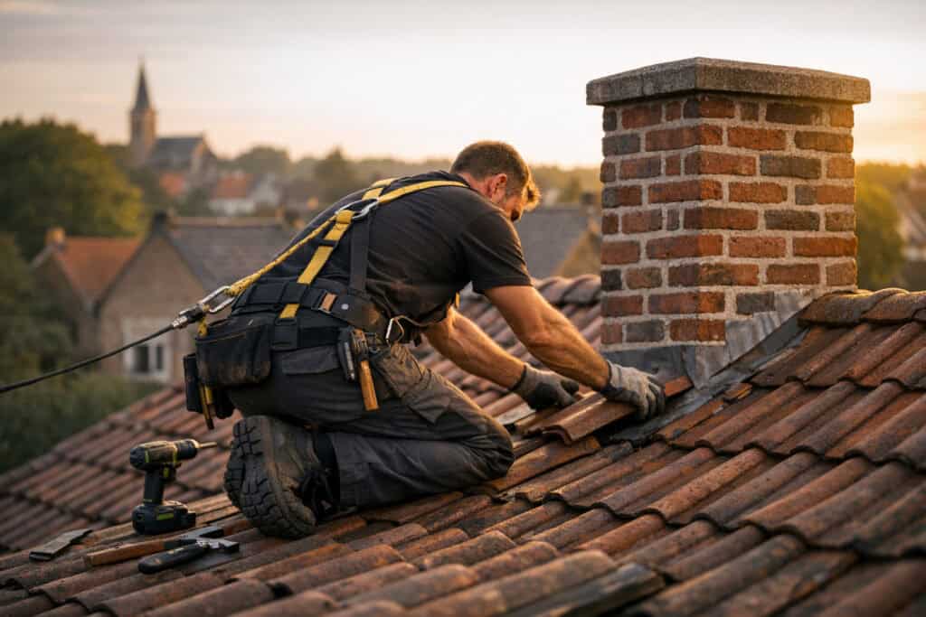 Ervaren vakman gespecialiseerd in schoorsteenkappen aan het werk