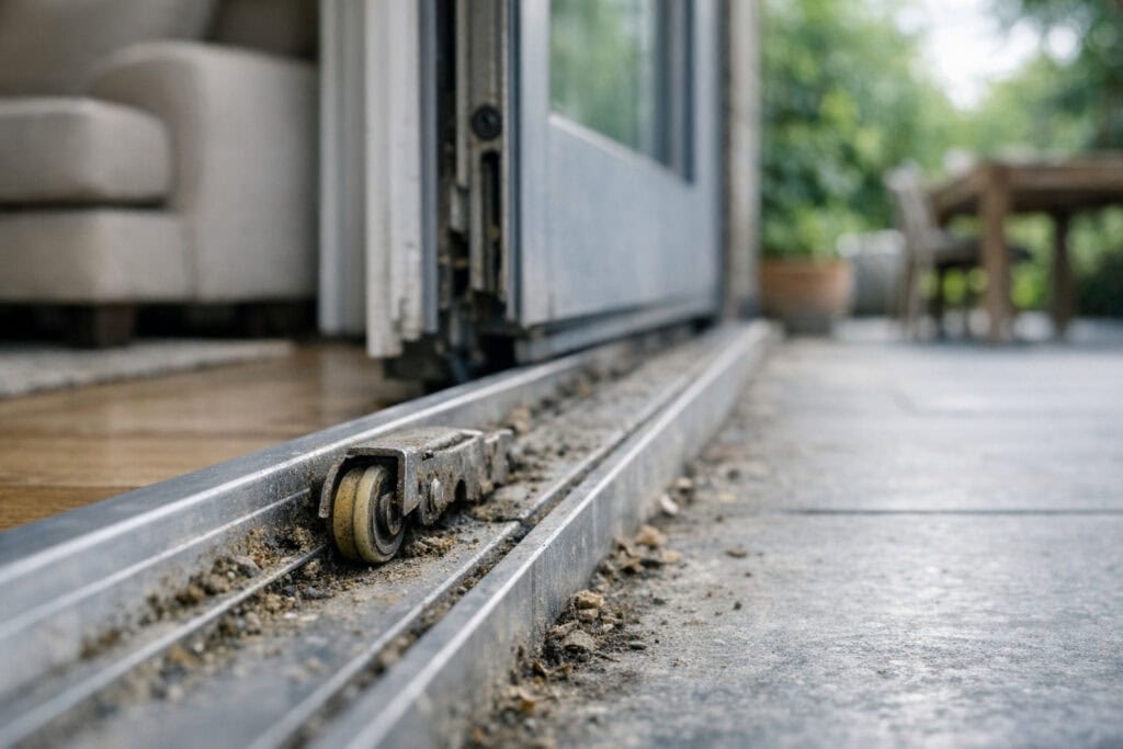 Schuifdeur die niet meer soepel loopt door vuile rail en versleten wieltjes