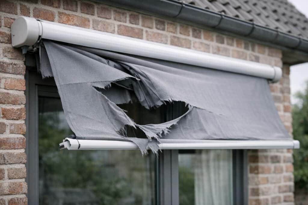 Gescheurd screensdoek voor een raam na stormachtig weer
