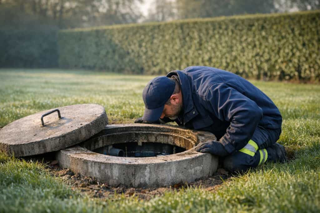 Open septische put in tuin die vol zit en onderhoud nodig heeft