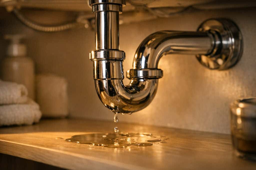 Lekkende sifon onder wastafel met waterdruppels bij koppeling