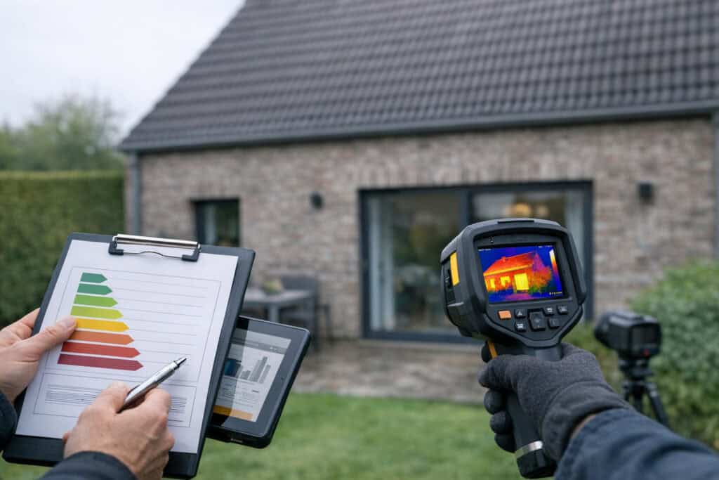 EPC-certificaat met een laag energielabel naast een woning te koop