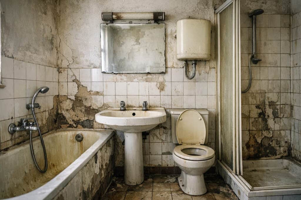 Stilstaand water op de vloer van een inloopdouche door slechte afvoer