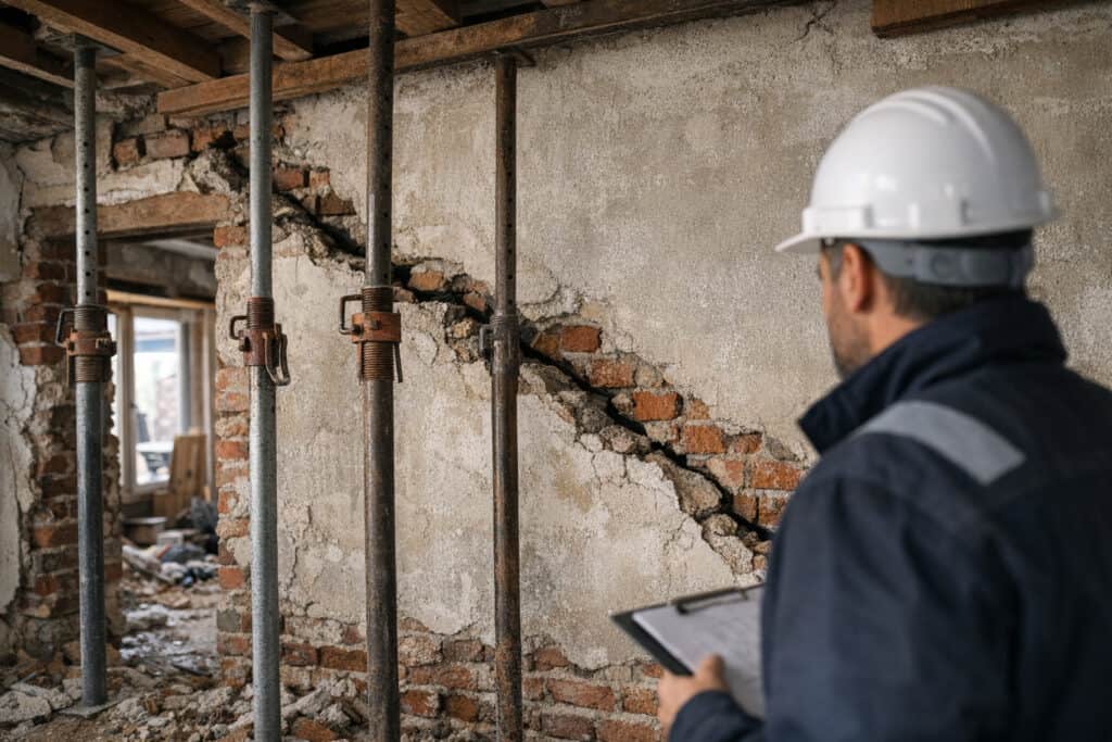 Grote scheur in een dragende muur die zichtbaar wordt na het verwijderen van pleisterwerk