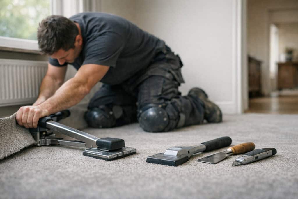 Ervaren vakman gespecialiseerd in tapijt aan het werk