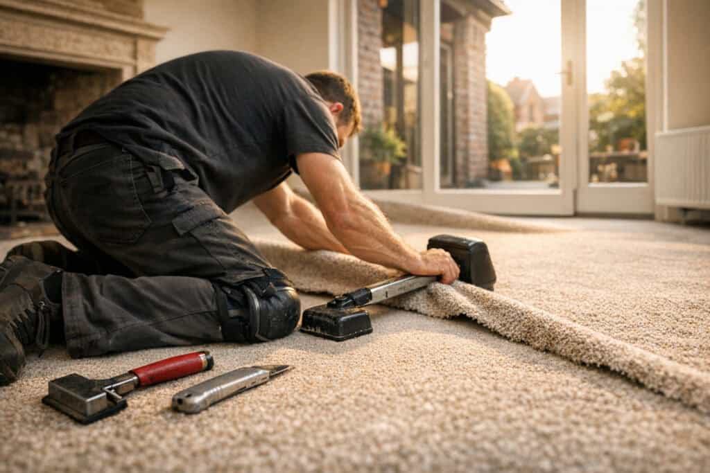 Vakman die tapijt reparatie uitvoert aan een woning