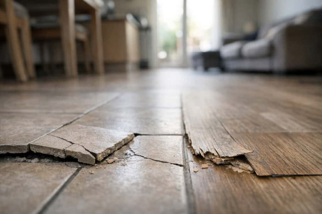 Gebarsten vloertegel in een woonkamer met stervormige breuk