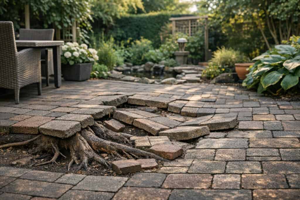 Scheefgezakte terrastegels die omhooggeduwd zijn door boomwortels