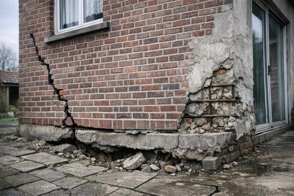 Scheefgezakte betonnen keldertrap met ongelijke treden