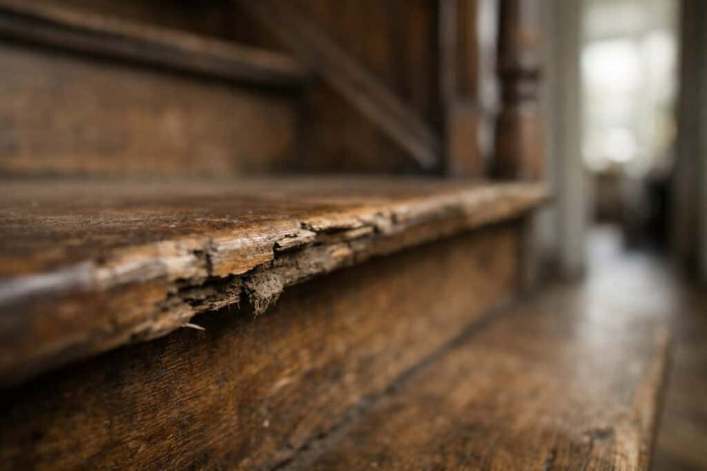 Uitgelopen en gladde houten traptreden met zichtbare slijtage