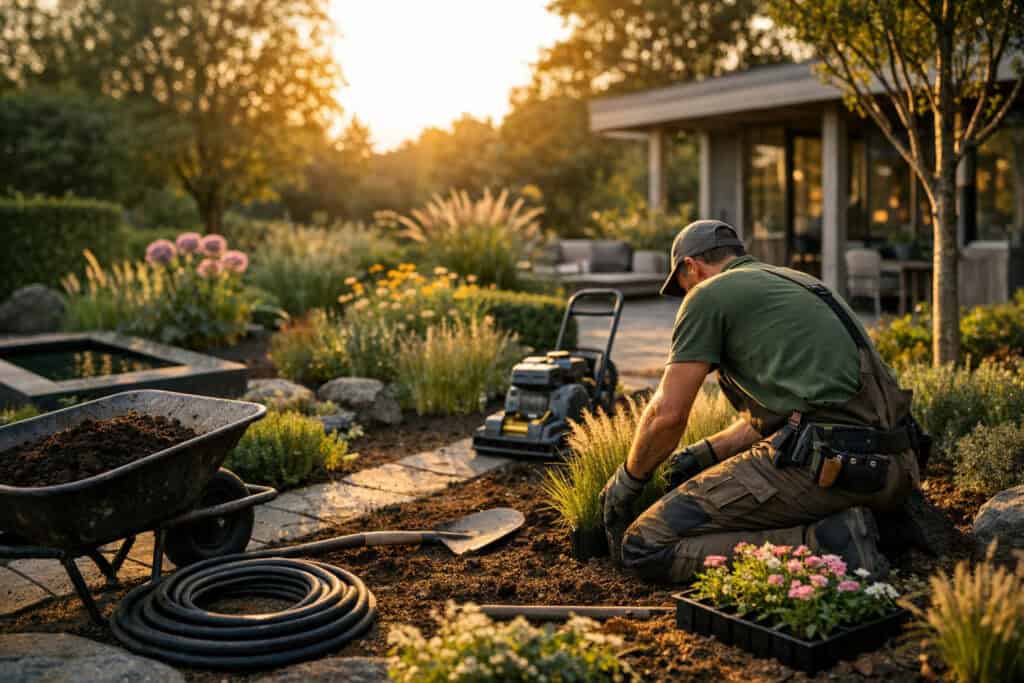 Ervaren vakman gespecialiseerd in tuin aanleg aan het werk