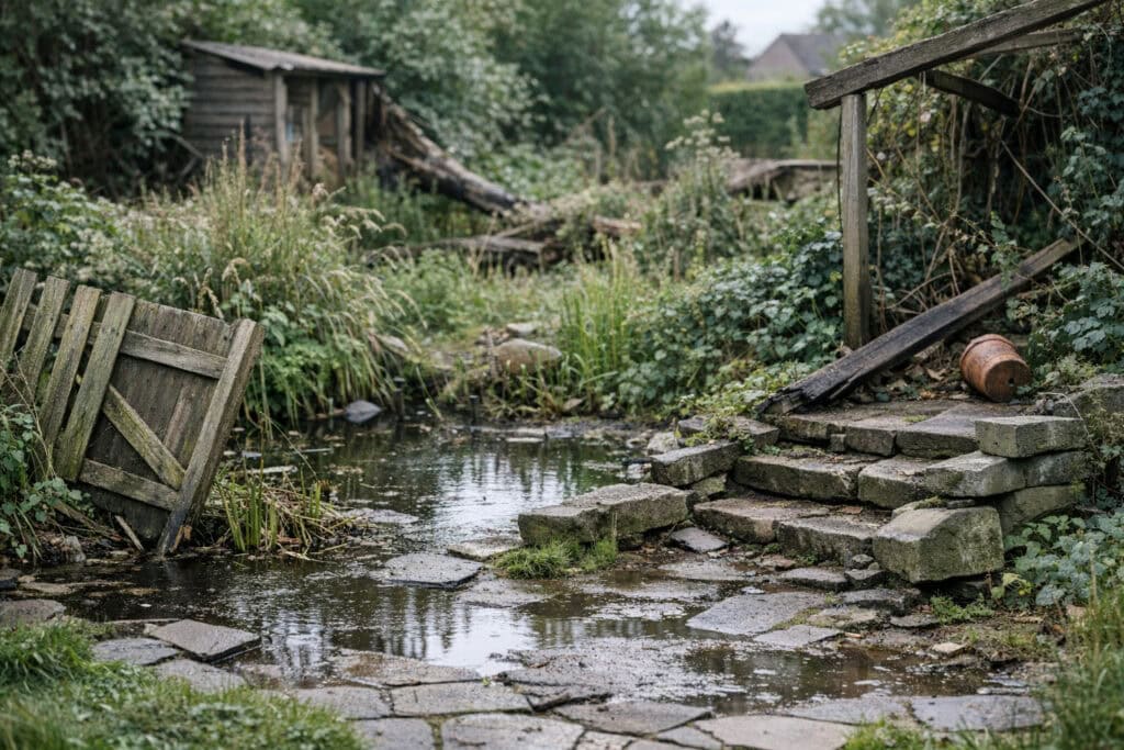 Verwilderde tuin met hoog onkruid en overwoekerde paden