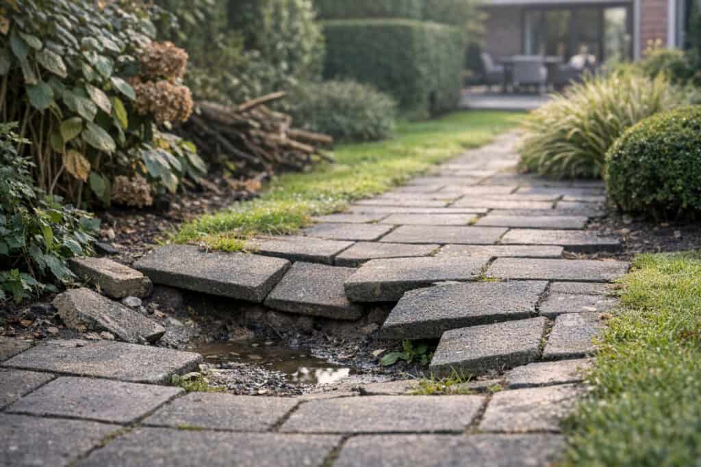 Ongelijk tuinpad met verzakte tegels en struikelgevaar