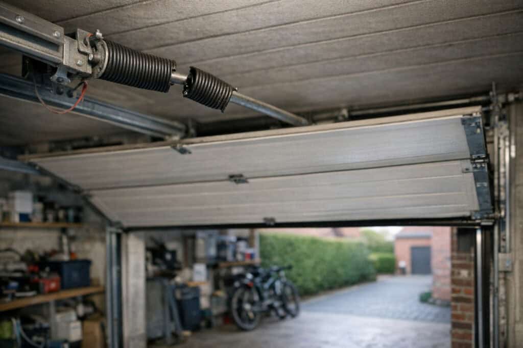 Gebroken veer van kantelpoort waardoor garagepoort vastzit