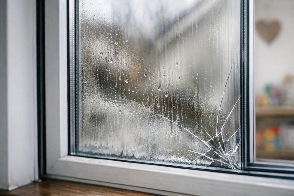 Lage glazen deur in een woning met spelende kinderen op de achtergrond