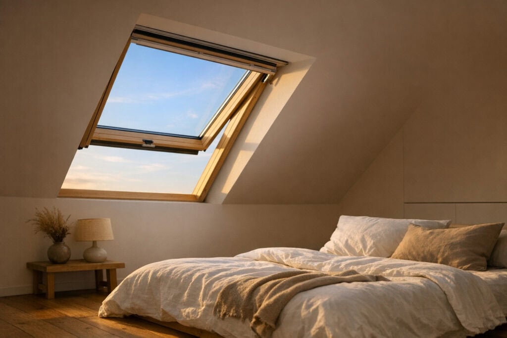 Modern Velux dakraam geopend in een gerenoveerde zolder