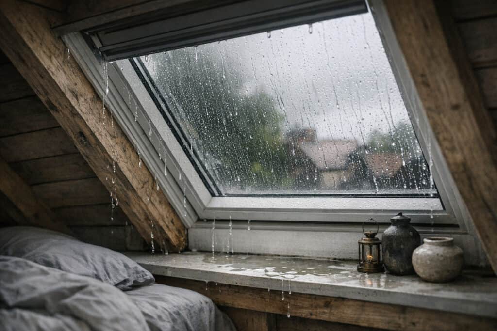 Lekkend Velux dakraam met waterdruppels langs kozijn bij regen