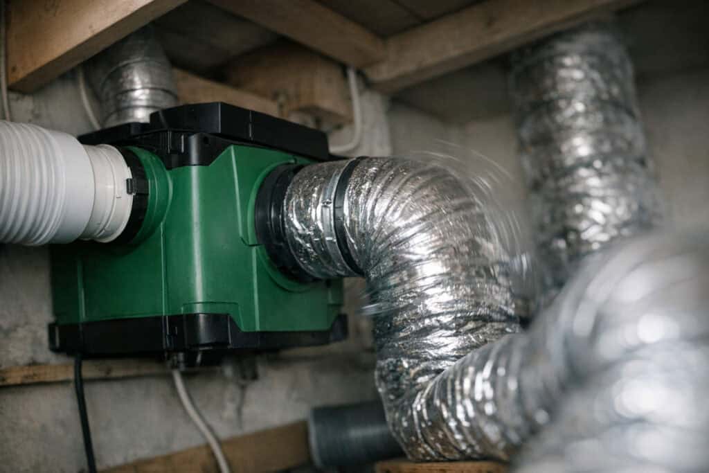 Ventilatierooster aan het plafond dat trilt en zichtbaar geluid produceert