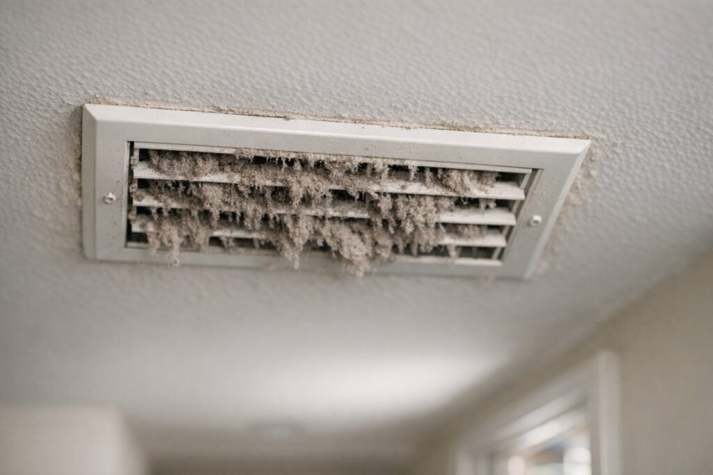 Dichtgestoft ventilatierooster met zichtbaar vuil en stof
