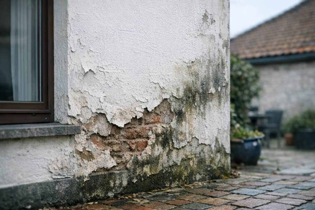 Afbladderende buitenverf op een gevel met zichtbare onderlagen