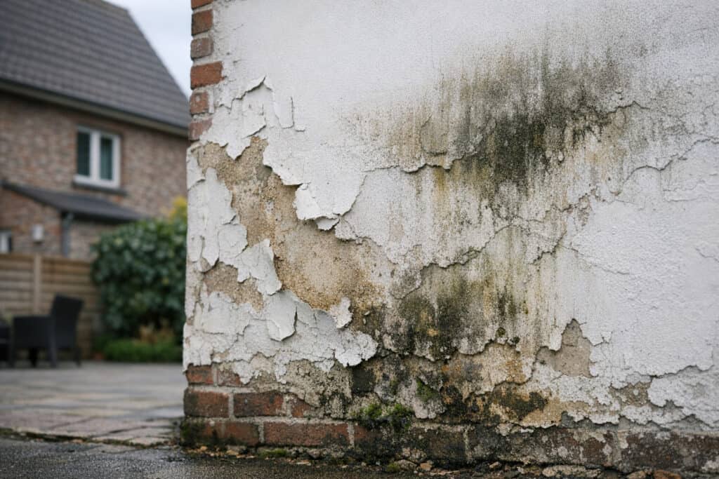 Verfroller op verse pleisterlaag waar de verf niet hecht en afpaert