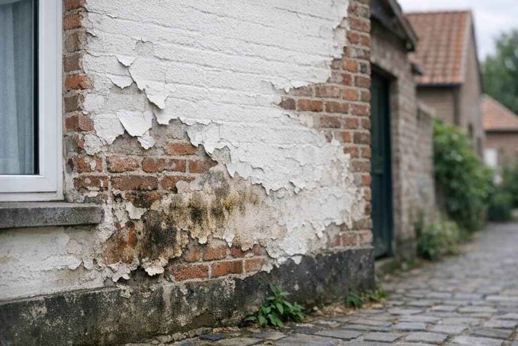 Vergeeld plafond met bruine nicotineaanslag naast een wit geschilderd stuk