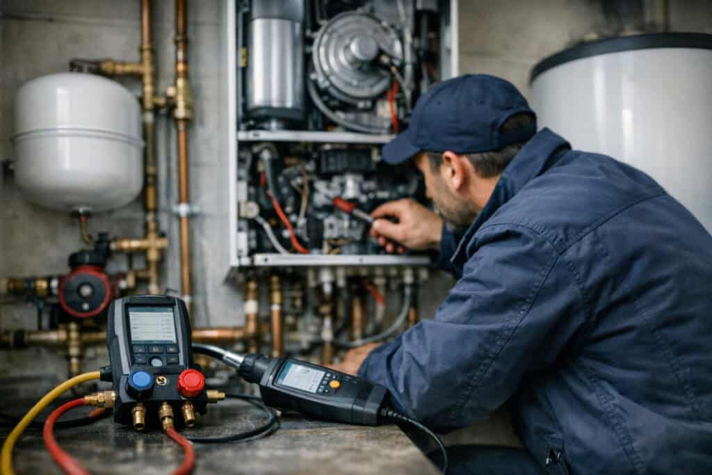 Ervaren vakman gespecialiseerd in verwarming en koeling aan het werk