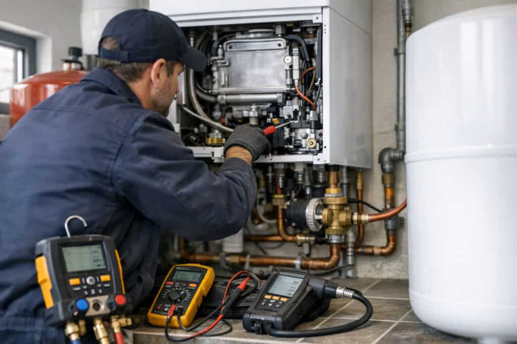 Vakman die verwarming reparatie uitvoert aan een woning