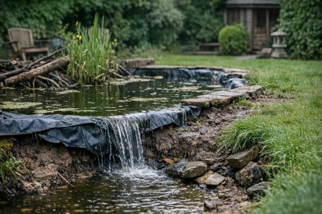 Tuinvijver met dalend waterniveau en een drooggevallen rand