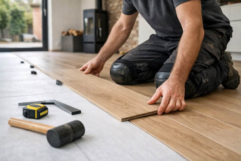 Ervaren vakman gespecialiseerd in vloeren aan het werk