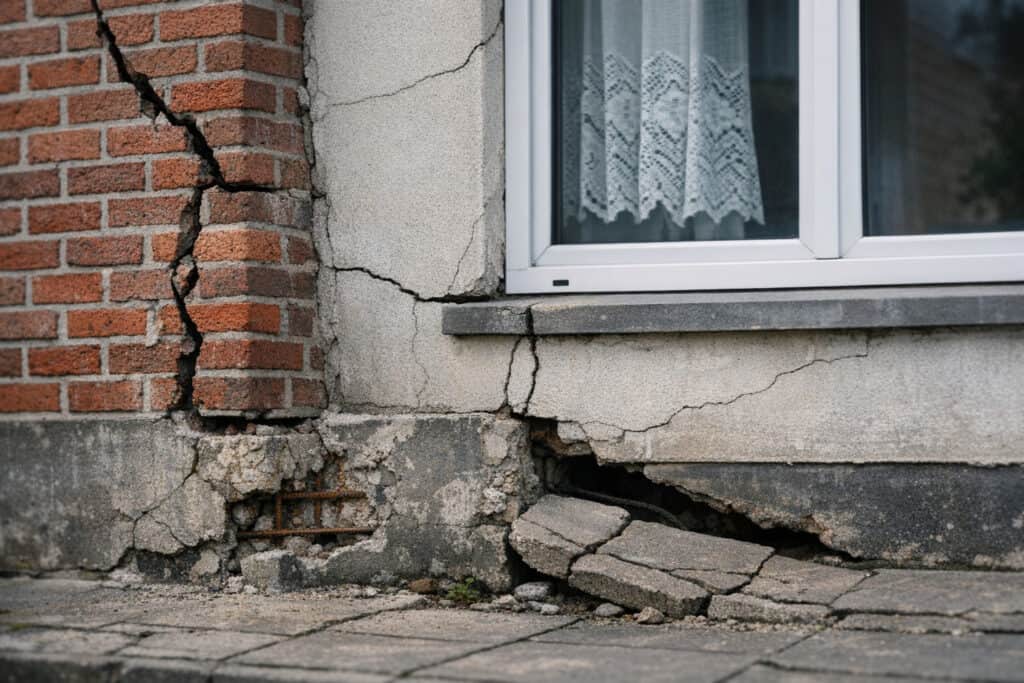 Gescheurde betonnen vloerplaat met ongelijk oppervlak door verzakking