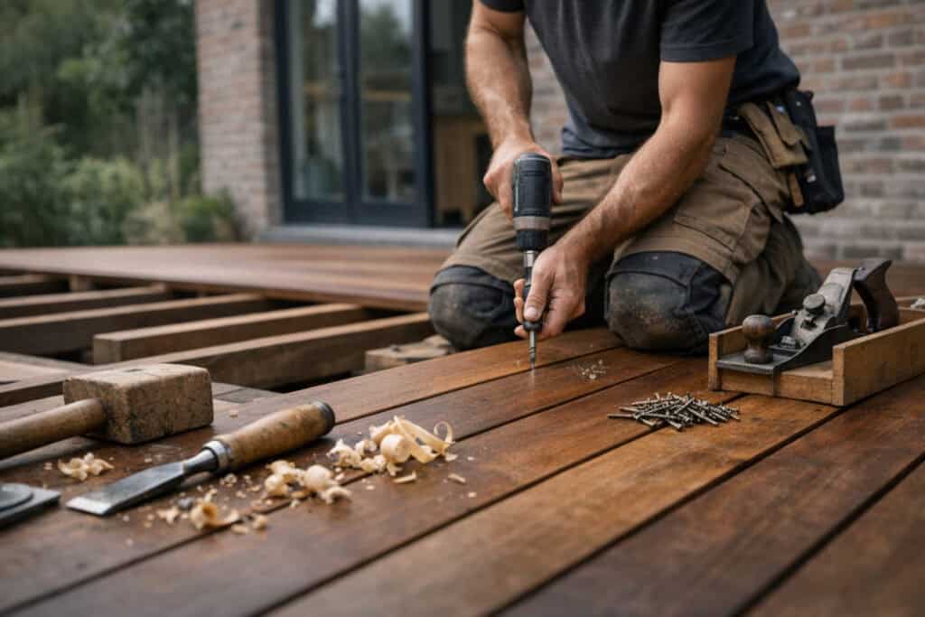 Vakman die vlonder reparatie uitvoert aan een woning
